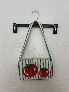 On Trend Anthro Style Tomatos Design Beaded Bag White, Red, and Green